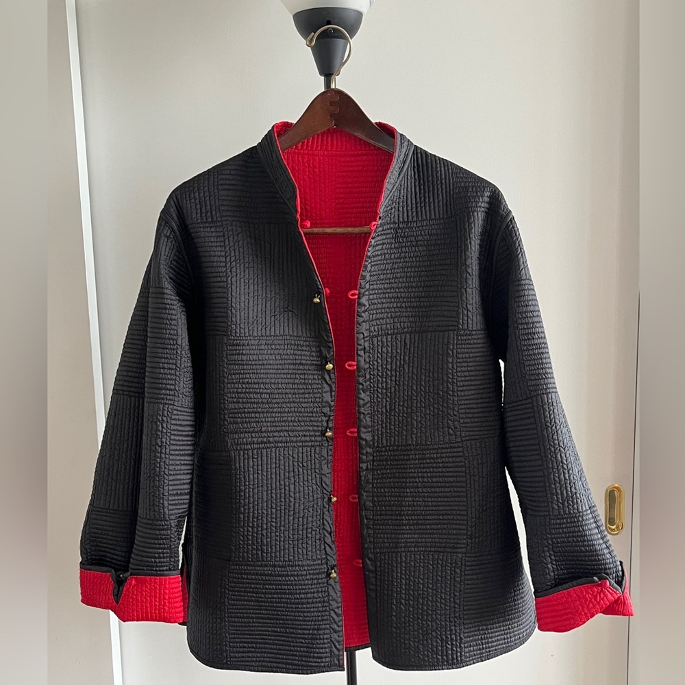 New Sam Hilus Classic 100% Silk Reversible Nehru Jacket Women's Black & Red L XL